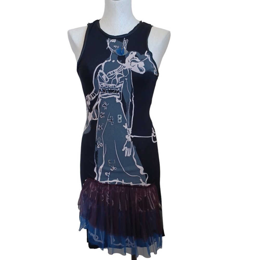 Desigual Dress Black Sleeveless Embellished Slinky‎ Knit Artsy Womens Small
